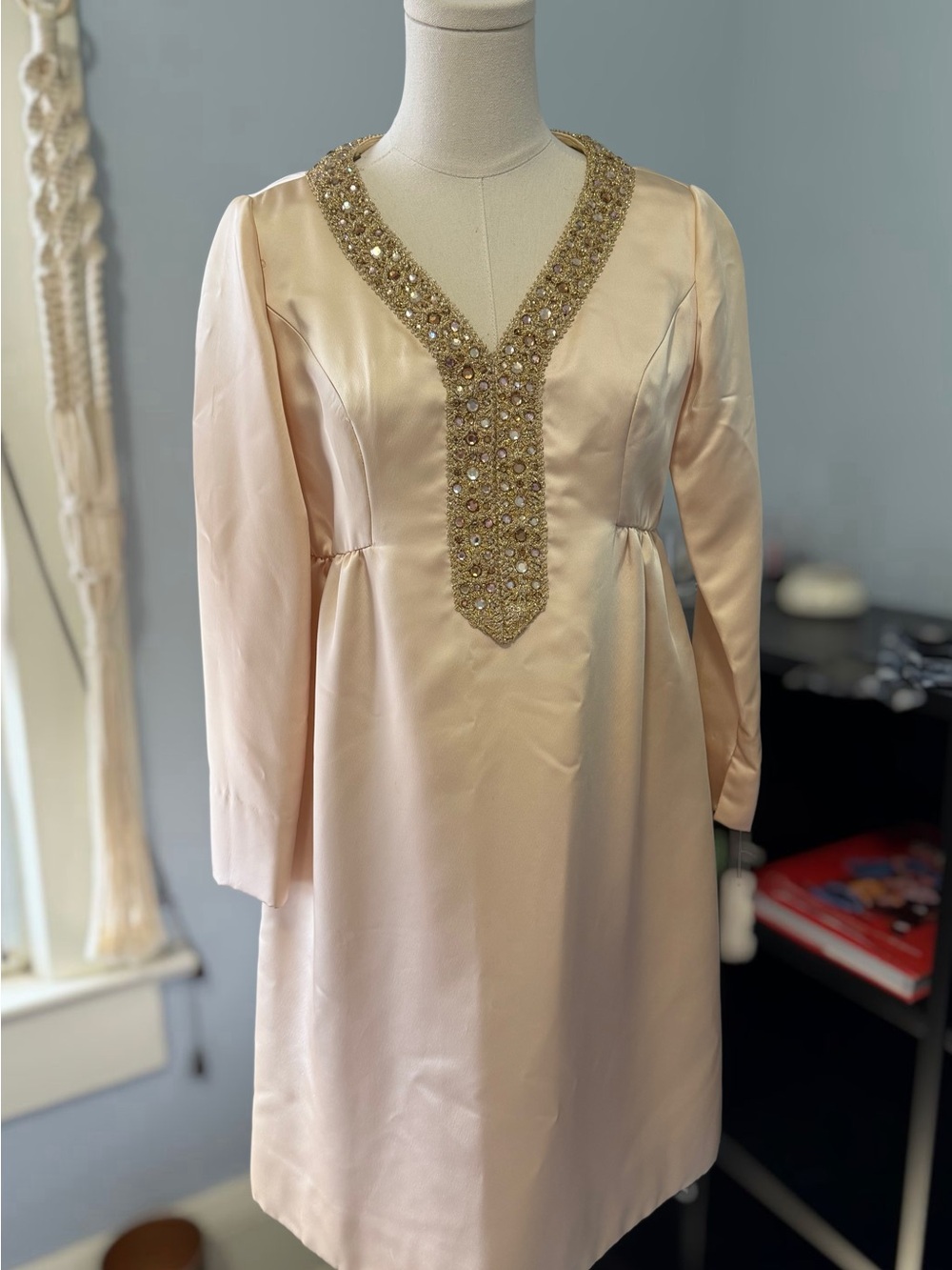 1950s Kim Kory Original, Jeweled V-Neck Long Sleeve Satin Dress